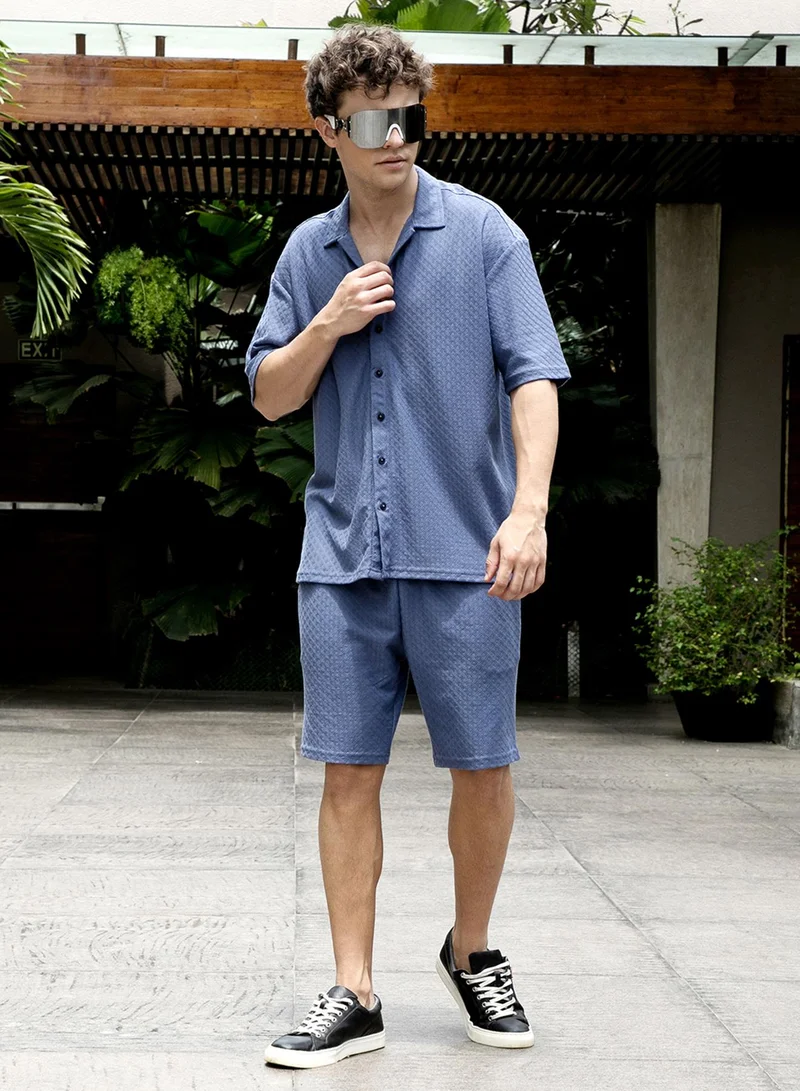 Campus Sutra Men's Lapis Blue Trellis-Textured Relaxed Co-Ord Set For Casual Wear | Cuban Collar | Short Sleeve | Button Closure | Co-Ords Crafted With Comfort Fit For Everyday Wear